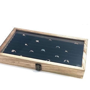 Clearance 2nds Rustic Oak Stained Wood Glass Top Lid Case with Black 8 Row Tufted Ring Liner Ring Display Storage Organizer Box Case