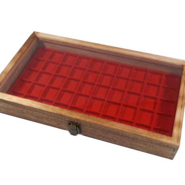 Clearance 2nds Rustic Oak Color Natural Wood Glass Top Lid 50 Space Ring Case Charm Case Pin or Coin Display Case Pick Liner Color