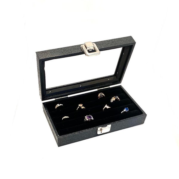 Clearance 2nds Glass Top 4 Row Tufted Ring Black Jewelry Sales, Display Box Storage Case