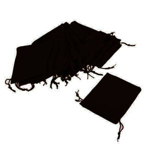 May include: A set of black drawstring bags, perfect for packaging small gifts or favors. The bags are made of a soft, lightweight fabric and have a simple, elegant design.