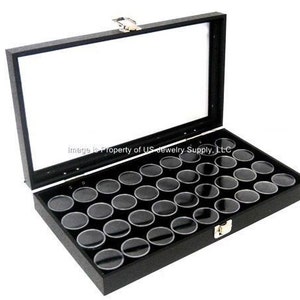 Key Lock Locking Glass Top Lid Black 36 Jar Box Case Display Gems Body Jewelry Gold Nuggets Coin