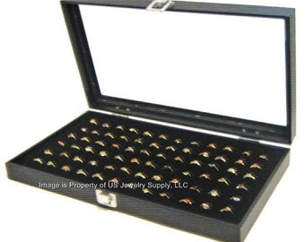 Key Lock Locking Glass Top 72 Ring Black Jewelry Sales, Display Box Storage Case