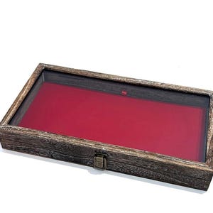 Clearance Lots 2nds Weathered Look Rustic Dark Oak Stained Wood Glass Top Lid Red Pad Display Case Pins, Medals, Militaria Knives Jewelry