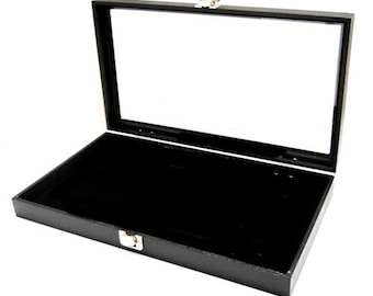 Key Lock Locking Glass Top Lid Black Pad Display Box Case Militaria Medals Pins Jewelry Knife