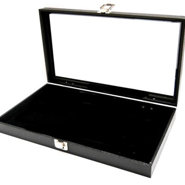 Key Lock Locking Glass Top Lid Black Pad Display Box Case Militaria Medals Pins Jewelry Knife