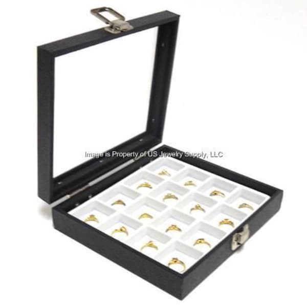 Key Lock Locking Glass Top Lid 16 Space White Display Box Case Body Jewelry Rings Charms Pins