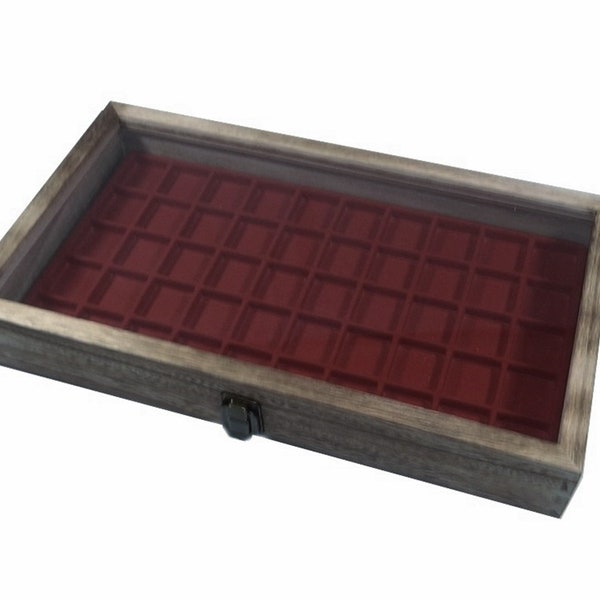 Clearance Rustic Weathered Look Dark Oak Stain Wood Glass Top Lid Case Tray with 50 Space Liner for Rings Charms Coins Choose liner color