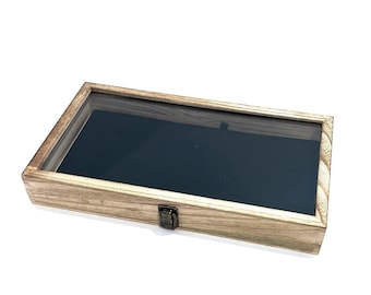 Clearance 2nds Rustic Style Oak Stained Wood Glass Top Lid Black Pad Display Box Case Militaria Medals Pins Jewelry Knife