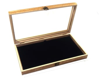 Clearance Sale 2nds Rustic Dark Oak Stained Wood Glass Top Lid Black Pad Display Case for Pins, Medals, Militaria Knives Jewelry