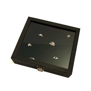 Clearance 2nds Rustic Black Stained Wood Glass Top Lid 36 Ring Jewelry Display Case  8 1/4" x 7 1/2" Pick liner color