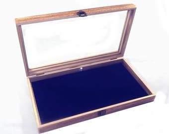 Clearance 2nds Oak Stained Rustic Style Glass Top Lid Blue Pad Display Box Case Militaria Medals Pins Jewelry Knife