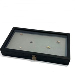 Clearance 2nds Rustic Black Stained Wood Glass Top Lid Grey 72 Ring Display Storage Organizer Box Case