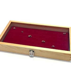 Natural Wood Glass Top Lid 72 Ring Red Showcase Jewelry Display Case