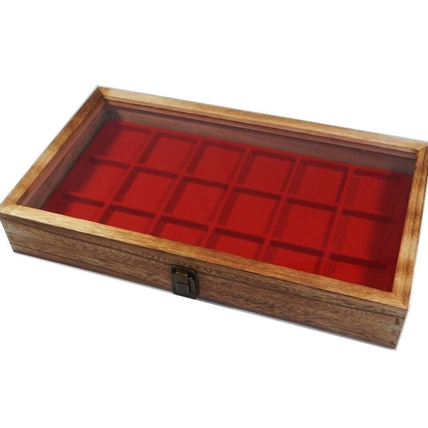 Clearance 2nds Rustic Oak Color Wood Glass Top Lid Red 18 Space Brooch Pin Medals Display Case Choose liner color