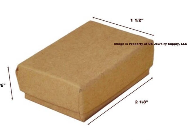 May include: A brown cardboard box with a hinged lid, measuring 1 1/2 inches by 2 1/8 inches.  The box is ideal for packaging small items, such as jewelry.