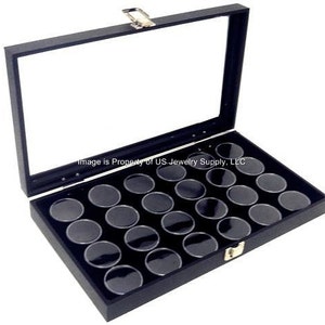Key Lock Locking Glass Top Lid Black 24 Jar Box Case Display Gems Body Jewelry Gold Nuggets Coin