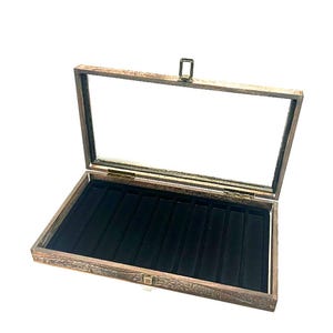 Clearance 2nds Weathered Dark Oak Stained Wood Glass Top Lid Black 10 Slot Display Box Case Jewelry Pens Case Pocket Knife Case