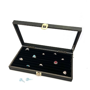 BP Key Lock & Lid Support Clearance 2nds Rustic Black Stained Wood Glass Top Lid Black 8 Row Tufted Ring Display Storage Organizer Box Case