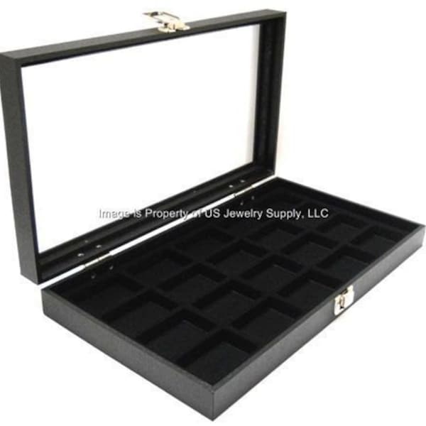 Key Lock Locking Glass Top Lid Black 20 Space Display Box Case Jewelry Pin Lures Arrowhead Relics