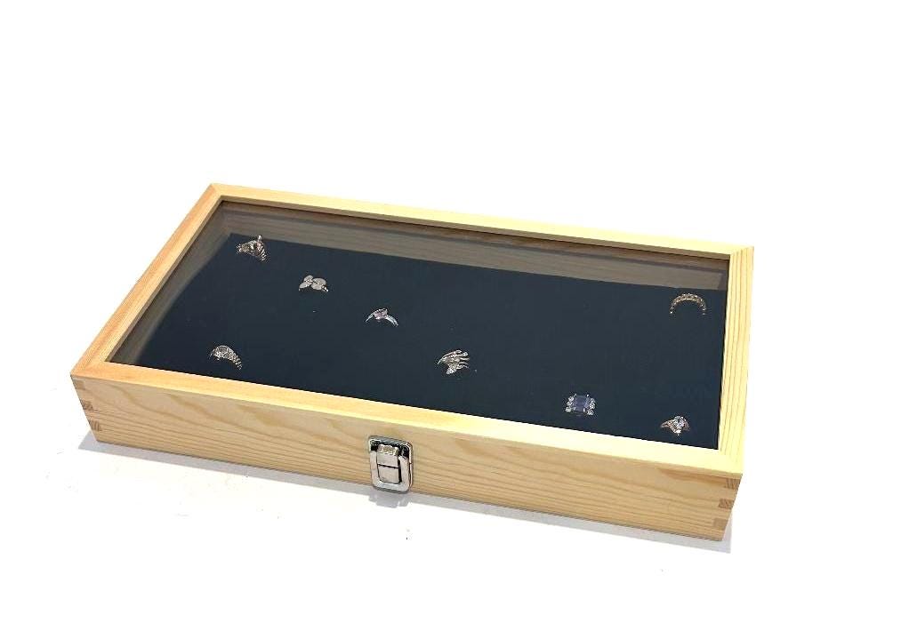 Natural Wood Glass Top Lid 72 Ring Black Showcase Jewelry Display