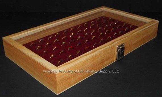 Bonus Items Glass Top Lid 72 Ring Burgundy Jewelry Display Box Storage Case 