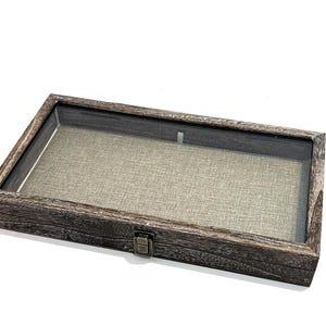 Clearance Lots 2nds Weathered Look Rustic Dark Oak Stained Wood Glass Top Lid Burlap Pad Display Case Medals, Militaria Knives Jewelry