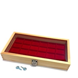 Clearance Key Lock Jewelry Pin Earring Ring Coins Relics Natural Wood Glass Top Lid Red 24 Space Display Case