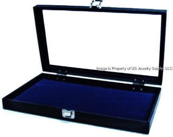 Glass Top Lid Blue Velvet Pad Display Box Case Militaria Medals Pins Jewelry Knife