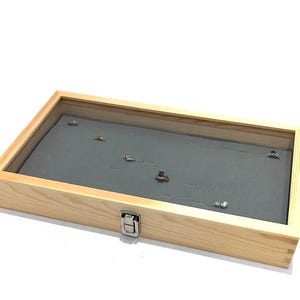 Natural Wood Glass Top Lid 72 Ring Gray Showcase Jewelry Display Case