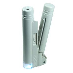 May include: A white handheld microscope with a built-in LED light. The microscope has a folding design and a zoom adjustment knob.