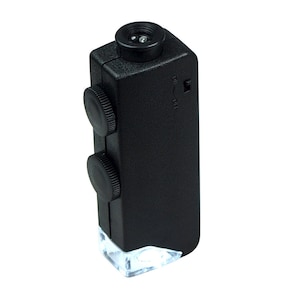May include: A black handheld microscope with a clear lens and two adjustment knobs. The microscope has a built-in LED light.