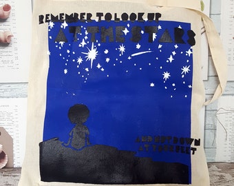 Hand Screenprinted Illustrated Tote Bag - 'Remember to Look Up at the Stars and not down at your feet' Stephen Hawking Quote inspired design