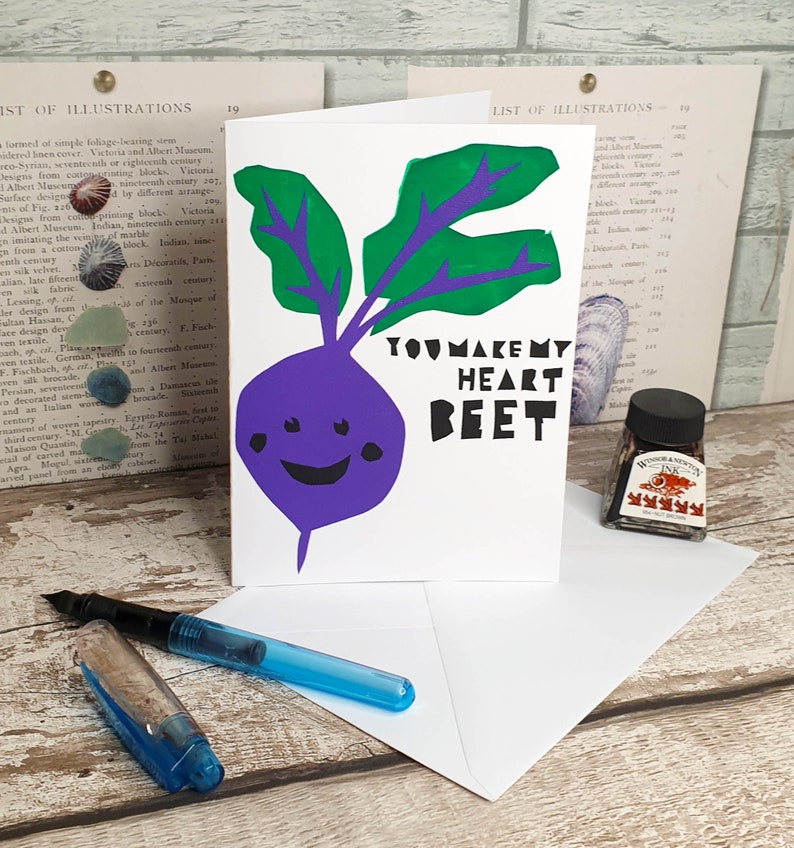 You make my heart BEET Valentines/Anniversary Vegetable Lovers Pun Screen Printed Card image 3