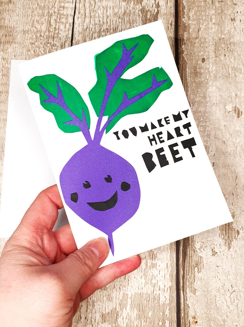 You make my heart BEET Valentines/Anniversary Vegetable Lovers Pun Screen Printed Card image 4