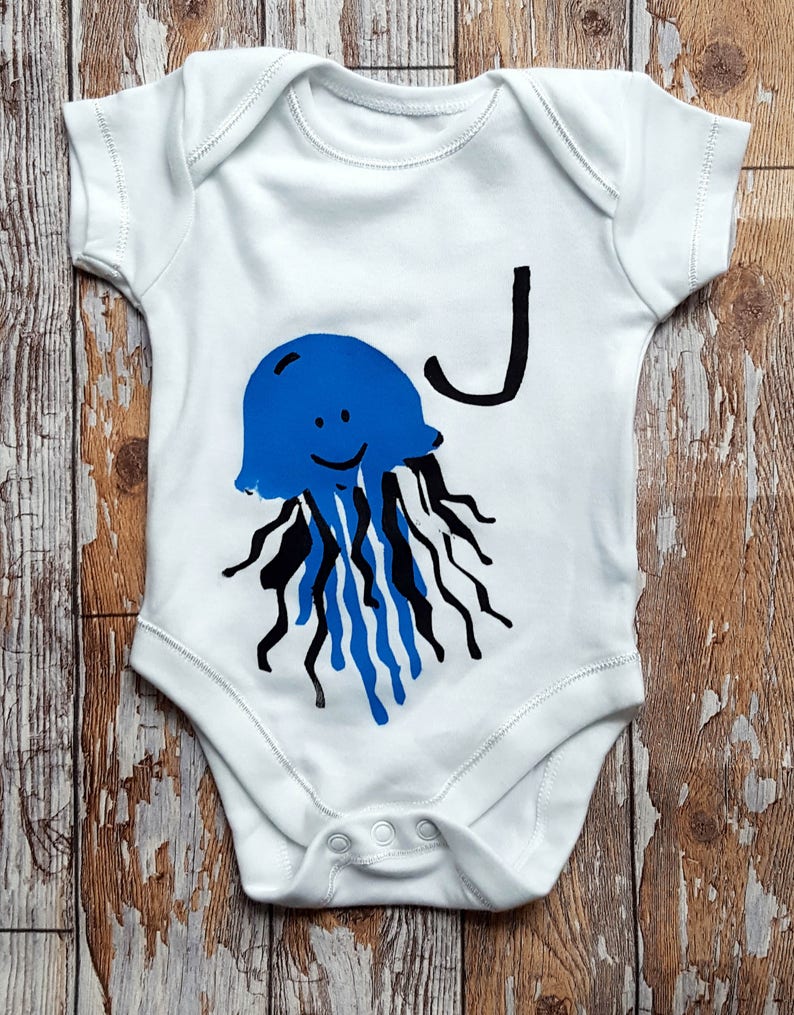 Custom/Personalised Illustrated Alphabet/Initial Hand Screenprinted Short/Sleeveless Baby Grow Baby Shower Gift image 2