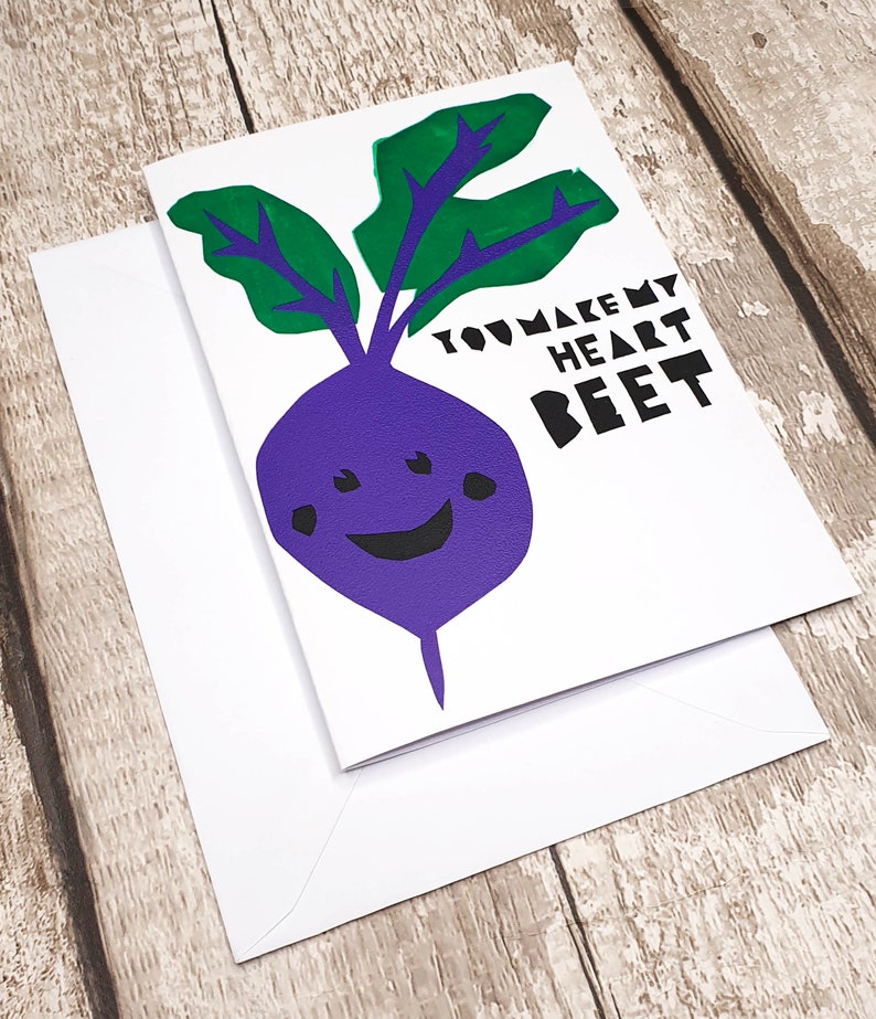 You make my heart BEET Valentines/Anniversary Vegetable Lovers Pun Screen Printed Card image 2