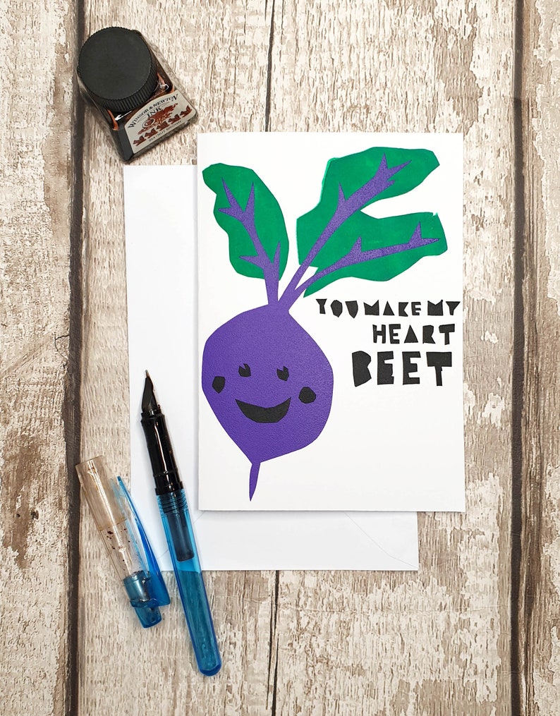 You make my heart BEET Valentines/Anniversary Vegetable Lovers Pun Screen Printed Card image 1