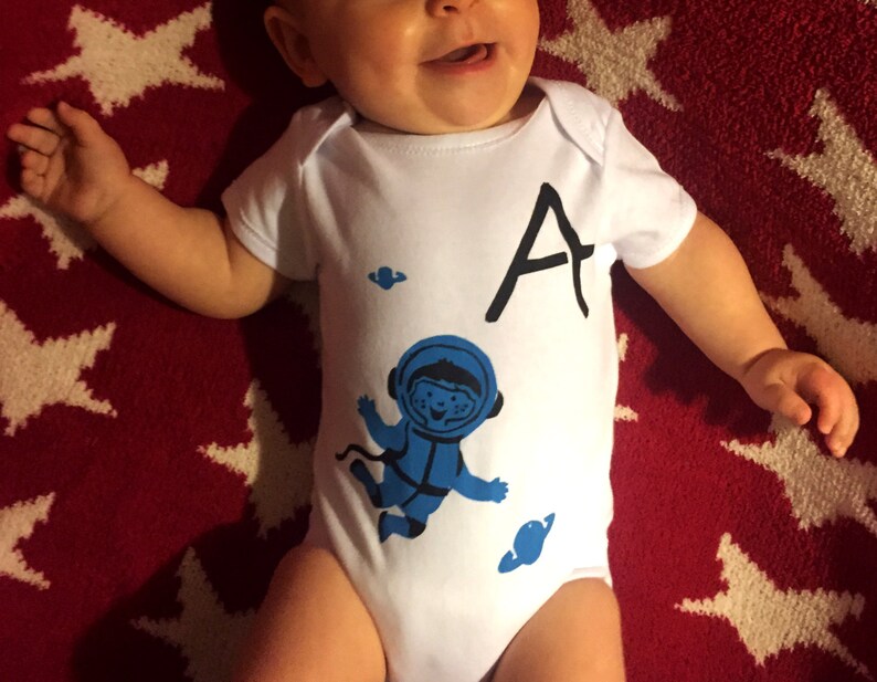 Custom/Personalised Illustrated Alphabet/Initial Hand Screenprinted Short/Sleeveless Baby Grow Baby Shower Gift image 1