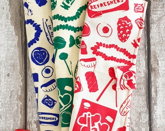 Handmade and Screen Printed Retro Pick and Mix Sweets Cutlery Wrap | Reusable Cutlery | Sustainable Options | Unique Gift Idea | Washable