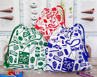 Hand Screen Printed Retro 90's Childhood Pick and Mix Sweets Cotton Canvas Drawstring  Bag | Unique Gift Idea | Bright Coloured Fun Storage