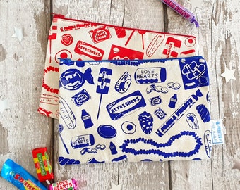 Retro Pick and Mix Sweets Screen Printed Zipper Pouch in Various colours| Unique Gift Idea
