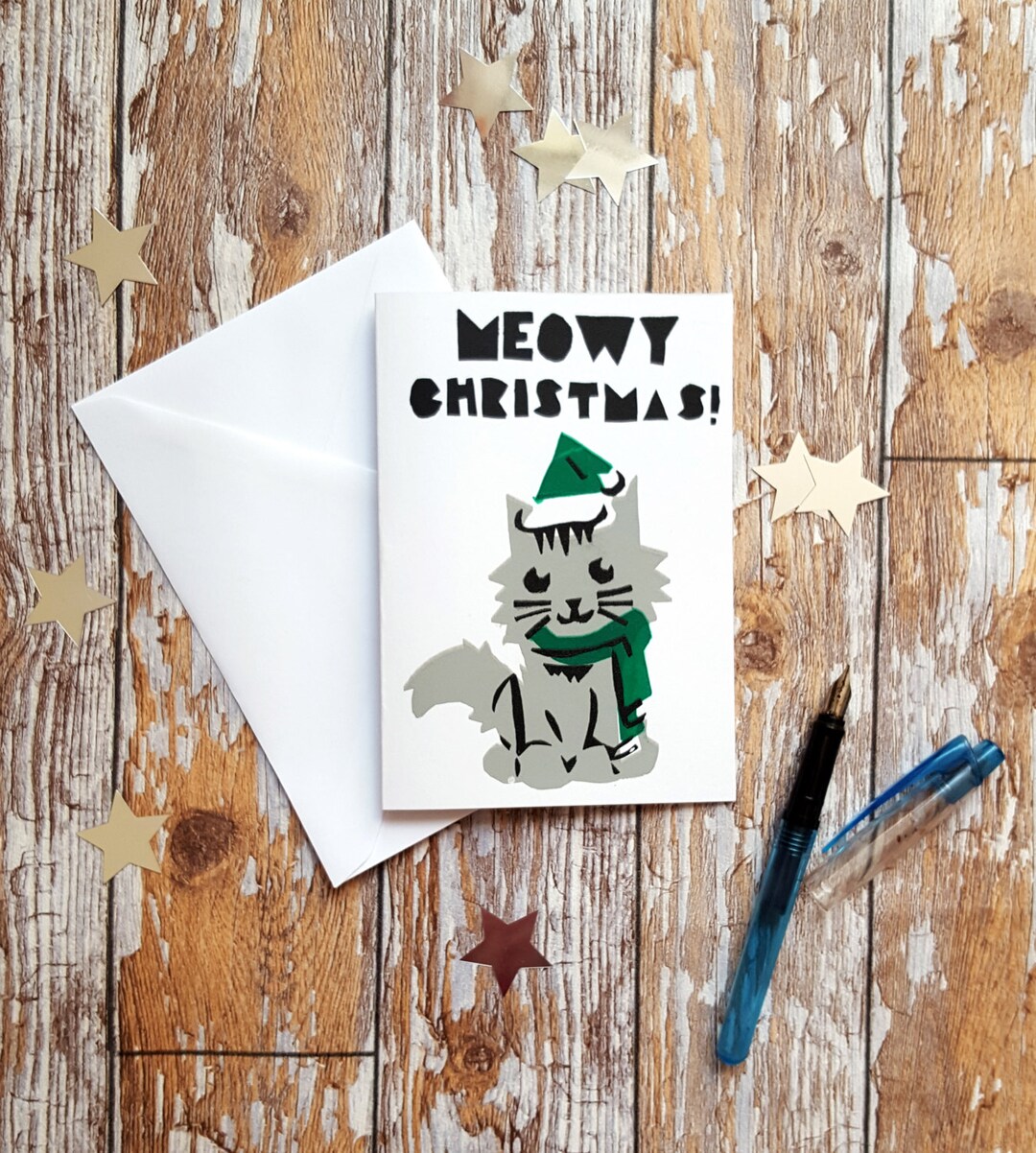 Hand Screenprinted Cat Pun Themed Christmas Card 'meowy Christmas' - Etsy