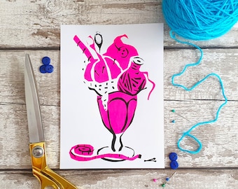 SECONDS** Knickerbocker Glory Sewing/knitting/craft themed Ice Cream Screenprint (featured in SewHayleyJane subscription box)