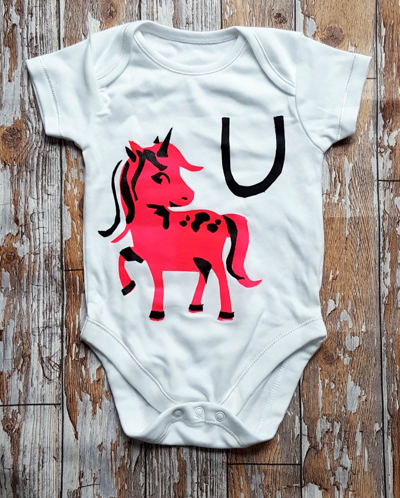 Custom/Personalised Illustrated Alphabet/Initial Hand Screenprinted Short/Sleeveless Baby Grow Baby Shower Gift image 4