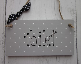 Toilet door sign plaque chic shabby country style, East of India ribbon. Choose your colour.