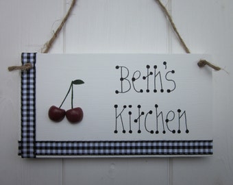 Rockabilly kitchen door sign plaque chic shabby country style bunch of cherries cherry gingham