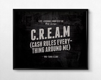 Hip Hop Wall Art, Wu Tang Clan Rap Poster, CREAM Life Lessons Art Print, Black White