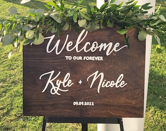 Welcome to our forever, hand painted wooden wedding welcome sign, rustic wedding reception decor, ceremony sign, keepsake decor, country