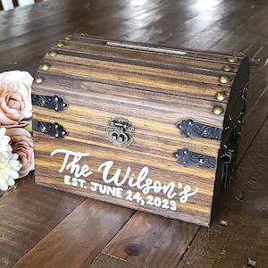 Personalized locking wedding card box with slot, keepsake wedding gift for couple, anniversary gift, time capsule trunk, rustic cards chest