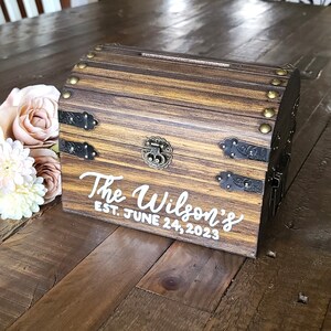 Wooden honeymoon fund box with slot and lock, personalized money box for wedding, advice box for bridal shower, custom bridal shower gift